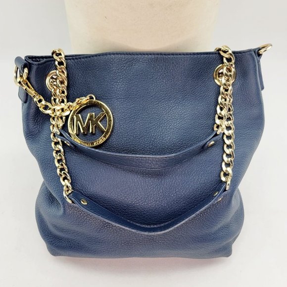 Michael Kors Handbags - AUTHENTIC MICHAEL KORS Navy Blue Leather Large Chain Jet Set Tote